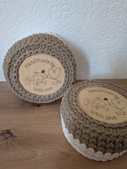 Gehäkelte Körbchen 2er Set – mit Holzboden | Beige & Creme | Handgemacht
