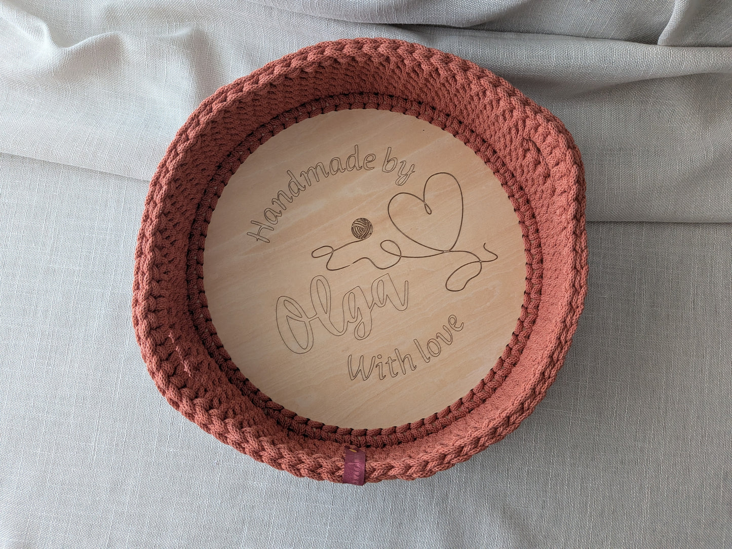 Brotkorb aus Bobbiny Baumwolle mit Holzboden - Handgemacht 31cm